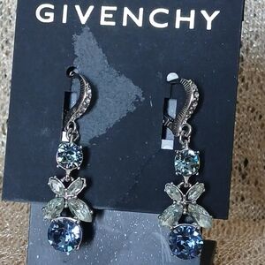 Givenchy Signed Silvertone Crystal Clear & Blue Cluster Drop Pierced Earrings